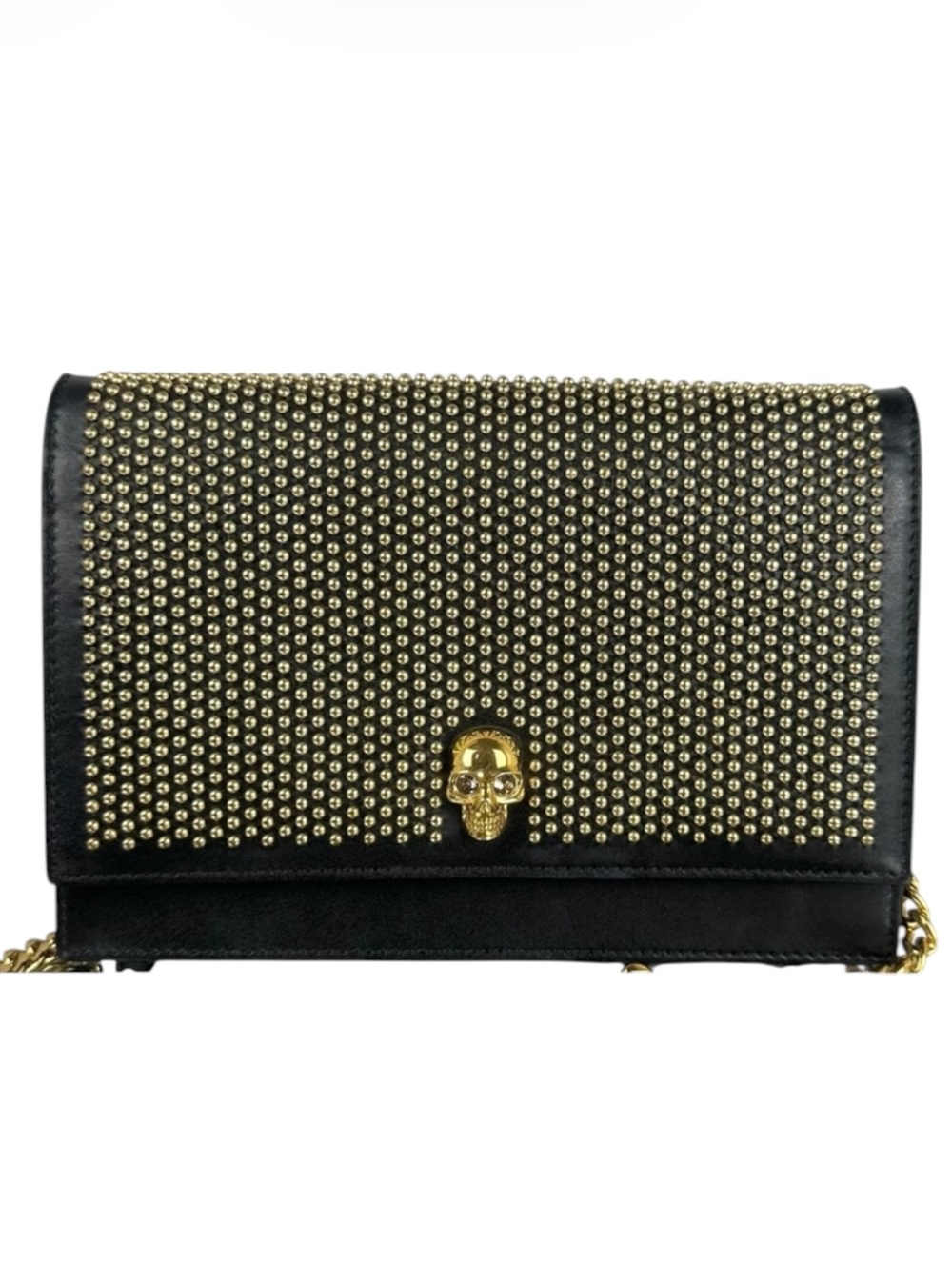 Alexander McQueen Studded Skull Chain Clutch/WOC Black Leather/Gold Studs